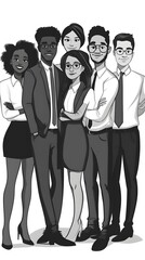 Fototapeta premium A black-and-white cartoon illustration of diverse people standing next to each other, dressed in smart casual attire