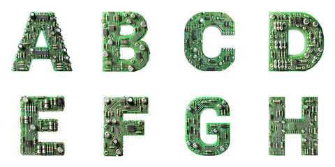 Alphabet letters made from electronic circuits: Letters A, B, C, D, E, F, G, H displayed on a transparent background