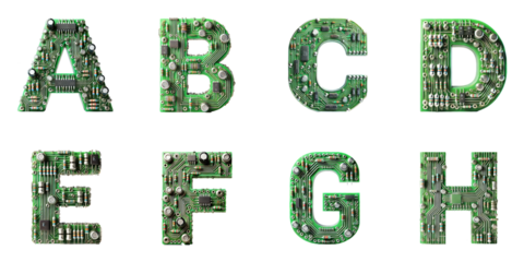 Alphabet letters made from electronic circuits: Letters A, B, C, D, E, F, G, H displayed on a transparent background