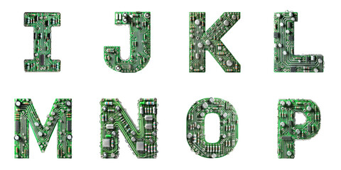 Alphabet letters made from electronic circuits: Letters I, J, K, L, M, N, O, P displayed on a transparent background