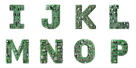 Alphabet letters made from electronic circuits: Letters I, J, K, L, M, N, O, P displayed on a transparent background