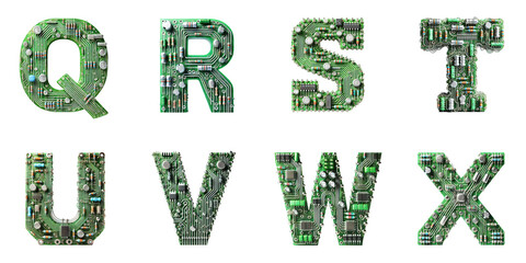 Alphabet letters made from electronic circuits: Letters Q, R, S, T, U, V, W, X displayed on a transparent background