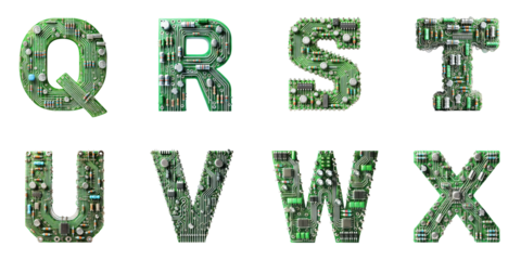 Alphabet letters made from electronic circuits: Letters Q, R, S, T, U, V, W, X displayed on a transparent background