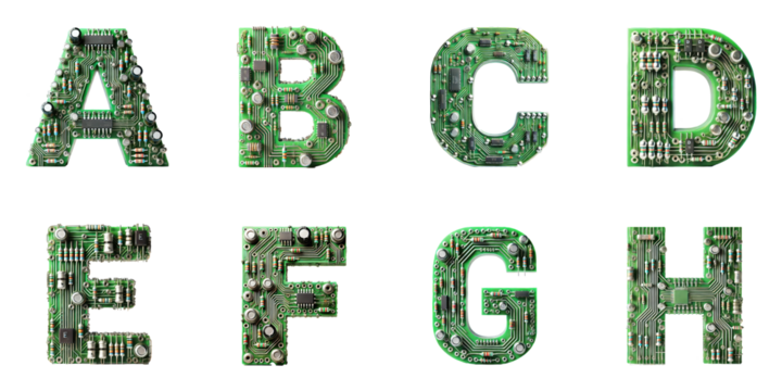 Alphabet letters made from electronic circuits: Letters A, B, C, D, E, F, G, H displayed on a transparent background - Powered by Adobe