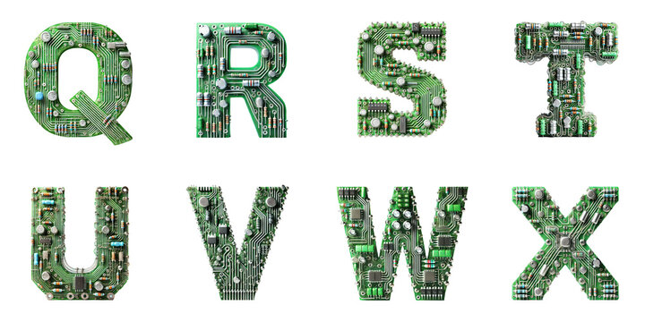 Alphabet letters made from electronic circuits: Letters Q, R, S, T, U, V, W, X displayed on a transparent background