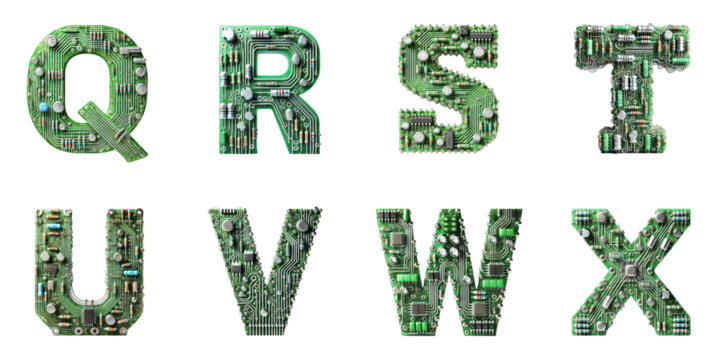 Alphabet letters made from electronic circuits: Letters Q, R, S, T, U, V, W, X displayed on a transparent background - Powered by Adobe