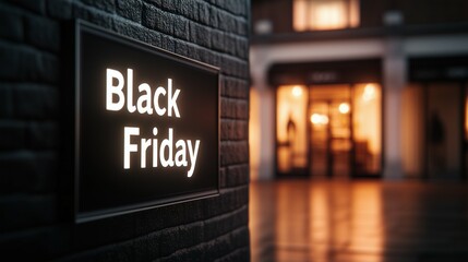 Obraz premium Black friday sale white neon signboard in commercial night downtown city market. Horizontal photography (16:9) with copy space