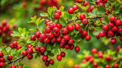 Obraz premium The hawthorn berry bush bursts with bright red berries and lush green foliage, creating a striking contrast in