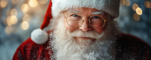 Banner with smiling Santa Claus over dark magical background. Shallow depth of field.