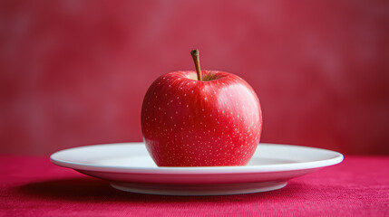 Red apple on white plate on redtinged tablecloth