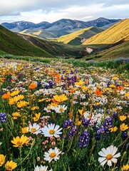 Fototapeta premium A vibrant field of wildflowers blooms in a valley surrounded by majestic mountains.
