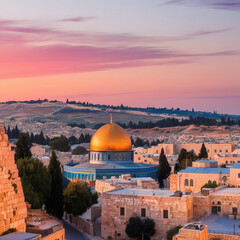 Naklejka premium Visualize the skyline of Jerusalem and Palestine during dawn including the Dome of the Rock and the Western Wall.