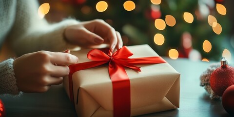 Close-up of a woman's hands preparing a Christmas present box, wrapping a gift with a red ribbon on a home table near a decorated tree. A New Year and Christmas festive concept.