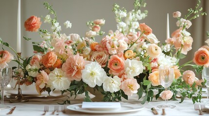 A beautiful centerpiece of peach and white flowers with candles on a wedding table.