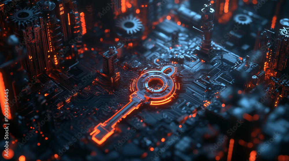 Poster a digital rendering of futuristic key surrounded by complex circuit board, illuminated with vibrant 