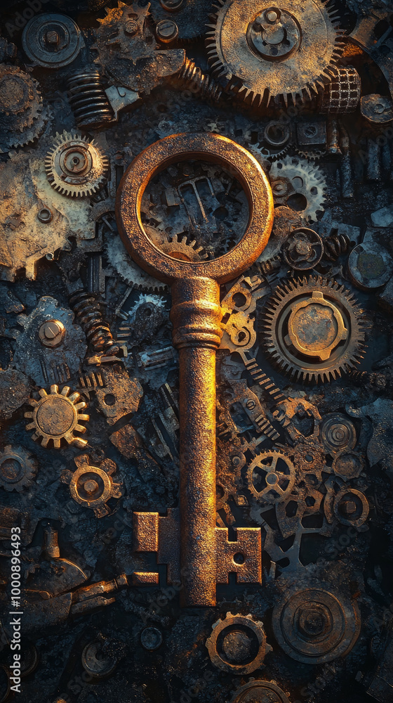 Poster a large rusty key rests atop pile of vintage machine parts, surrounded by intricate gears and mechan