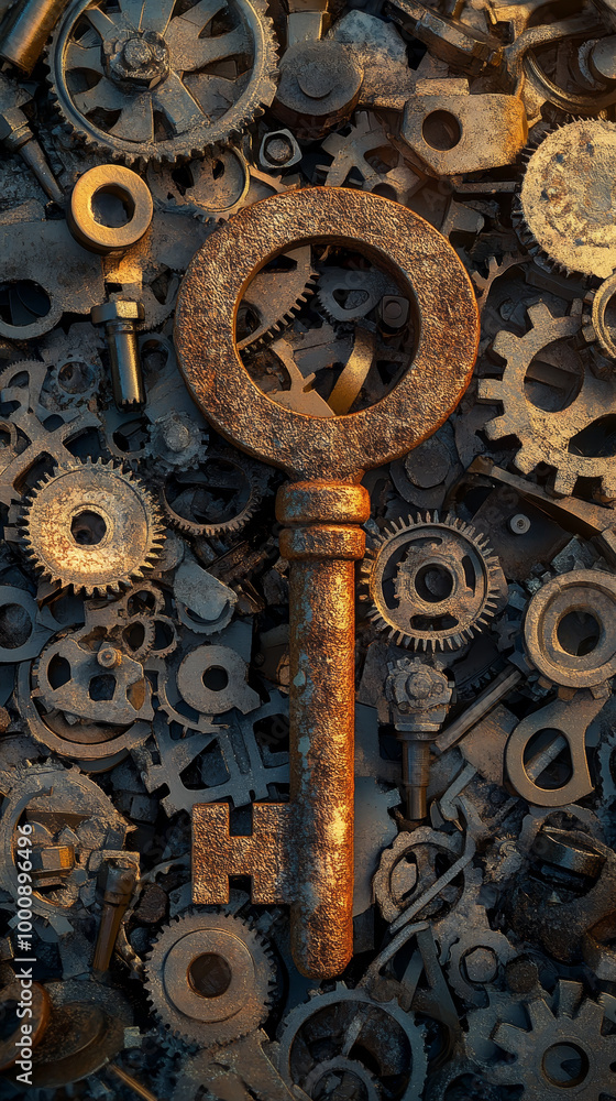 Poster a large rusty key rests atop pile of vintage machine parts, surrounded by intricate gears and mechan