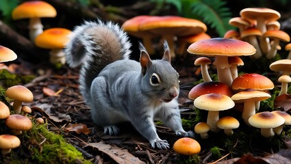 Fototapeta premium This whimsical scene captures a curious squirrel exploring a forest floor dotted with wild mushrooms, creating an enchanting moment in nature. 