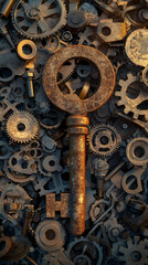 A large rusty key rests atop pile of vintage machine parts, surrounded by intricate gears and mechanical components, evoking sense of nostalgia and history
