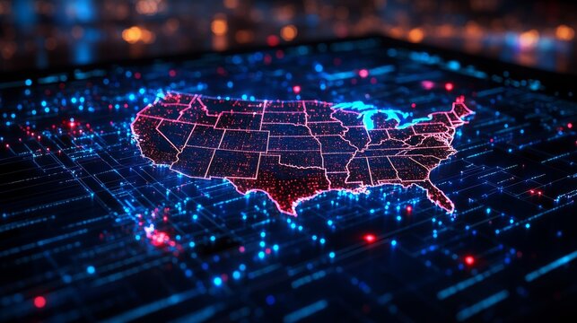 A digital tablet shows a vibrant night map of the U.S. with glowing connections