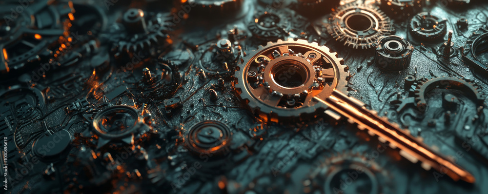 Poster artistic rendering of key shaped like cog, surrounded by intricate gears and mechanical elements, cr