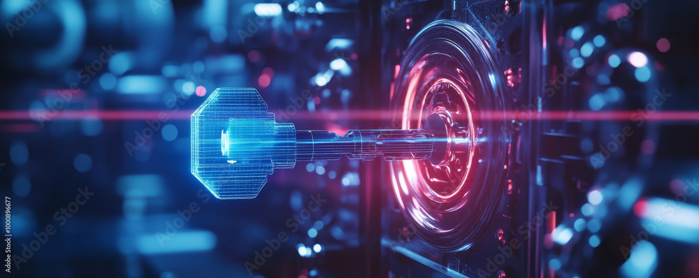Poster a close up of futuristic key being inserted into holographic interface, showcasing advanced technolo