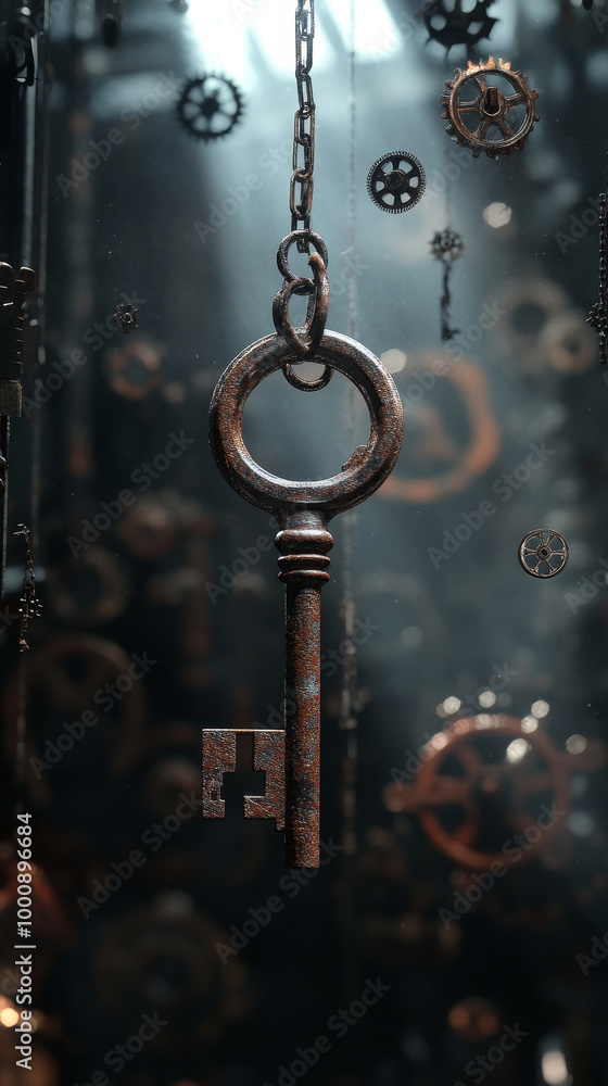 Poster an old, rusted key suspended in air, surrounded by floating gears and mechanical elements, evokes se