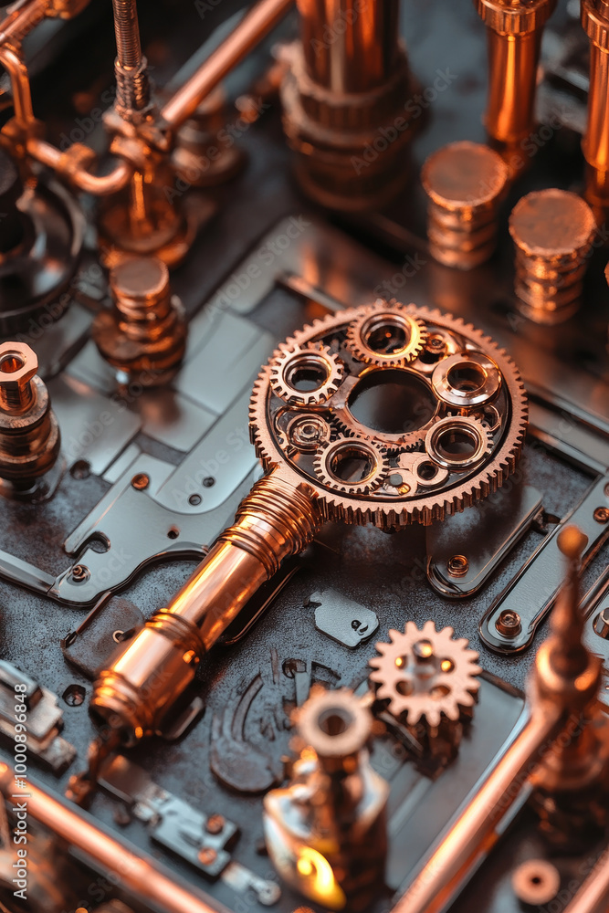 Poster steampunk style key with intricate gears and metallic components, showcasing blend of vintage and in