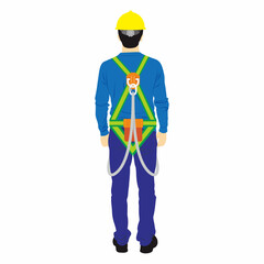 Man of worker standing rear view with shoes, long sleeve shirt, hardhat, full body harness, and trouser illustration.