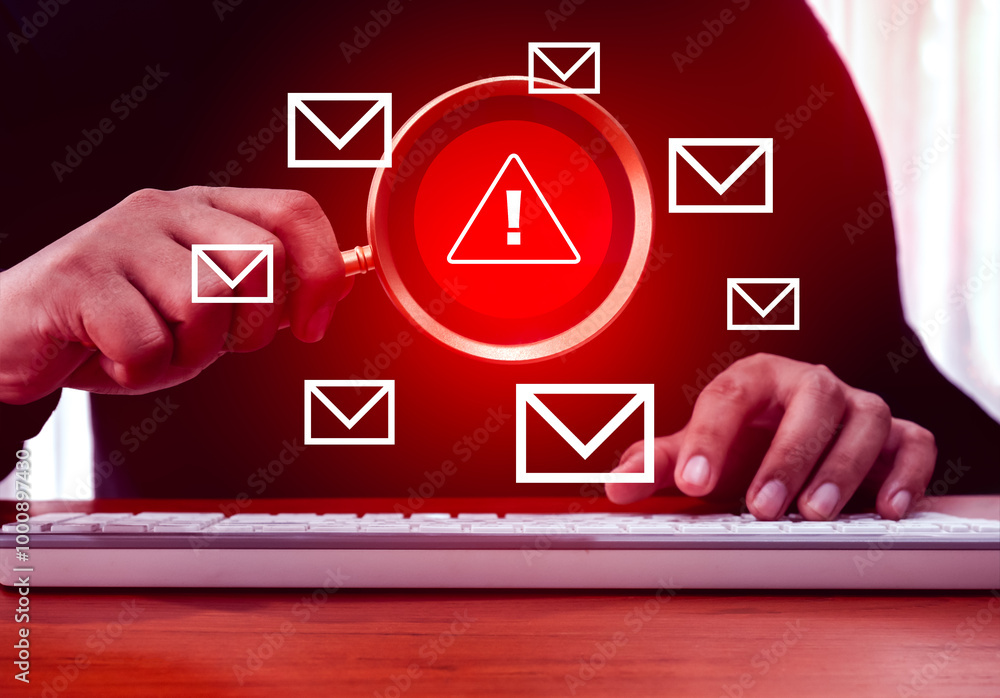Poster sms and e-mail spam, danger text message alert concept. red triangle icon, system hacked error warni