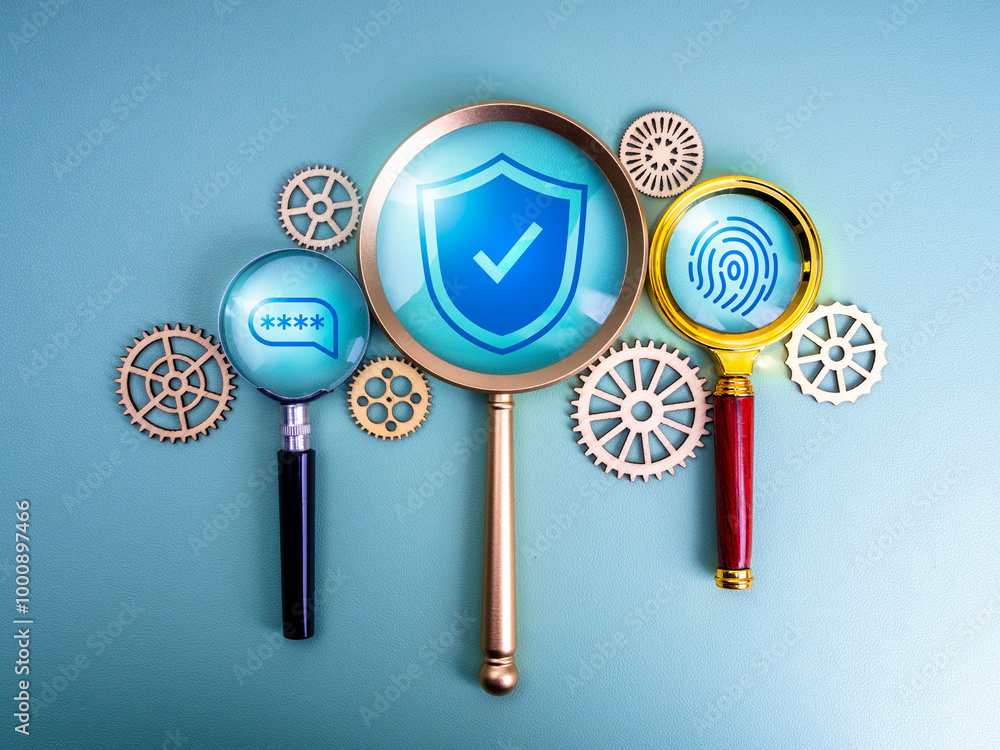 Poster shield padlock, two step authentication password and fingerprint icons in magnifying glasses near ge