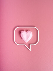 Sending encouragement concept. White speech bubble frame with geometric heart stone isolated on...