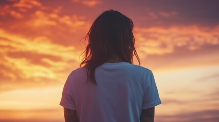 Fototapeta premium A woman with dark hair in a white shirt looks out at the sunset.