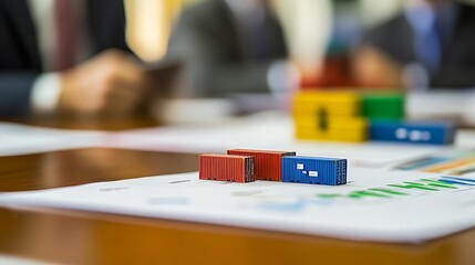 Logistics and warehousing industry meeting - Miniature container models and financial charts on a conference table, with businesspeople discussing future projects.