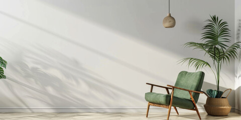 Obraz premium A serene interior scene featuring green armchair beside potted plant, illuminated by soft sunlight casting gentle shadows on plain wall. minimalist design evokes sense of calm and tranquility