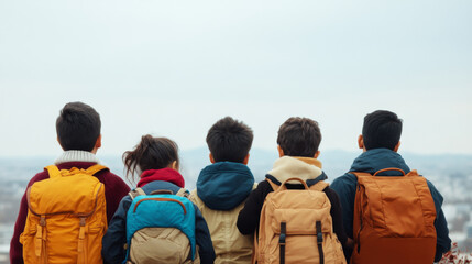 Exploring horizon, group of five children with backpacks enjoys scenic view. Their camaraderie and adventure spirit shine through as they gaze into distance