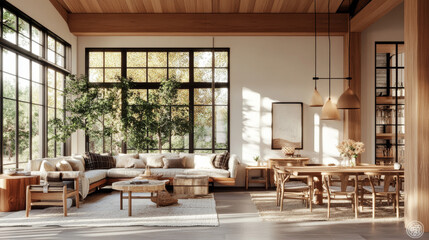 A spacious and inviting living room features large windows that allow natural light to flood space. cozy sectional sofa and wooden dining table create warm atmosphere, perfect for relaxation and gathe