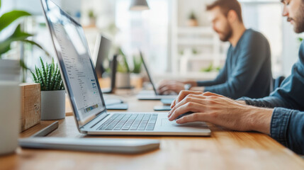 Efficient workspace with two individuals working on laptops, surrounded by greenery and modern decor, creating productive atmosphere