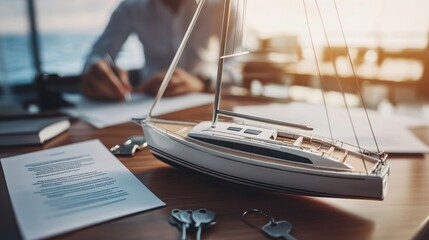 Detailed yacht model on desk with sales agent finalizing paperwork - Perfect for luxury yacht sales and leasing.