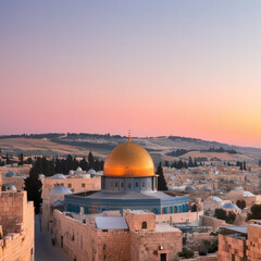 Fototapeta premium Visualize the skyline of Jerusalem and Palestine during dawn including the Dome of the Rock and the Western Wall.