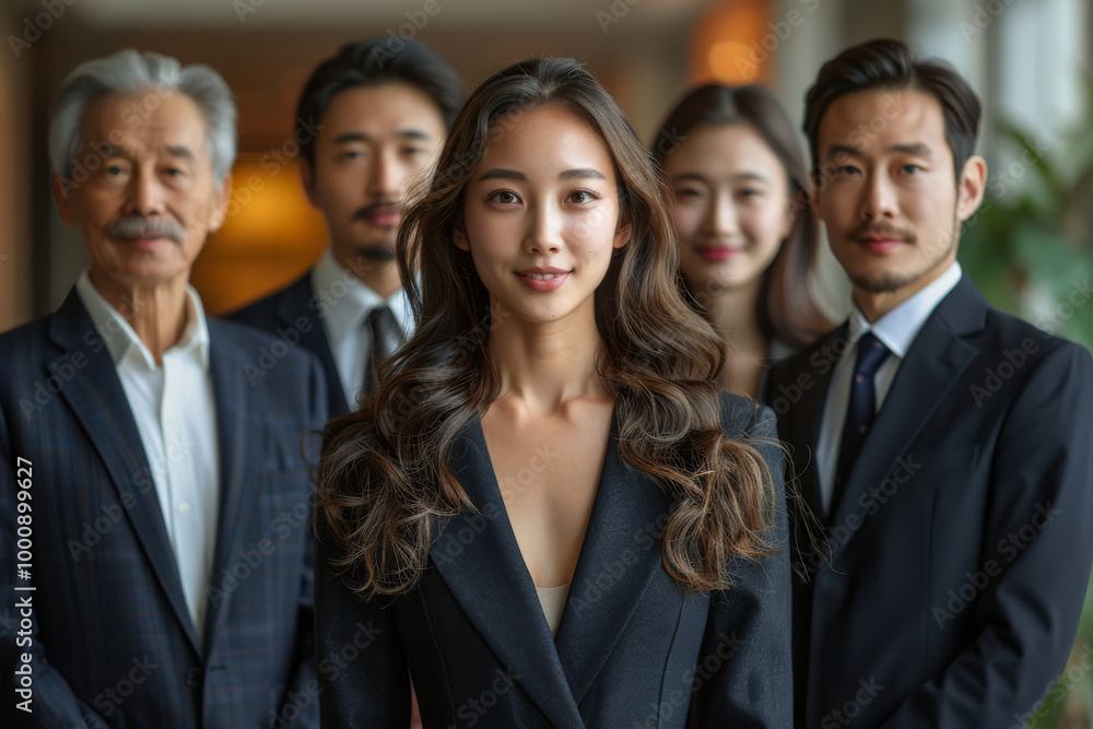 Wall mural A confident woman stands at forefront of professional group, showcasing leadership and teamwork. diverse individuals behind her reflect strong sense of unity and collaboration