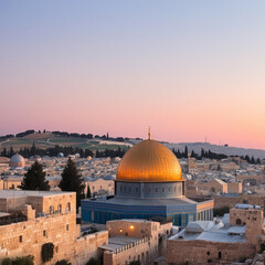 Obraz premium Visualize the skyline of Jerusalem and Palestine during dawn including the Dome of the Rock and the Western Wall.