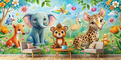 Obraz premium Transform your child's room with vibrant wallpapers filled with charming animals and playful patterns, creating a