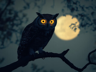 A striking owl perched on a branch at night, illuminated by the soft glow of a large moon in the backdrop.