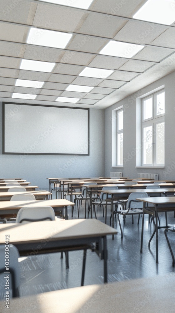 Poster a classroom with a large white board and many empty desks