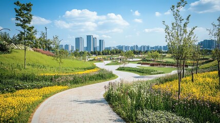 Obraz premium A beautiful park with winding paths and a city skyline in the background.