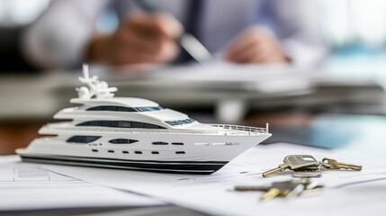 Detailed yacht model on desk with sales agent finalizing paperwork - Perfect for luxury yacht sales and leasing.