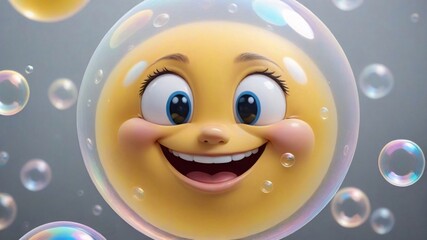 A 3D smiley face trapped inside a large soap bubble, surrounded by smaller bubbles.