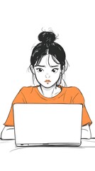 A simple cartoon drawing of a woman sitting at her laptop, with a sad expression