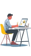 An icon of an employee sitting at their desk, using graphic design software on the computer to create flat illustrations in blue and yellow tones